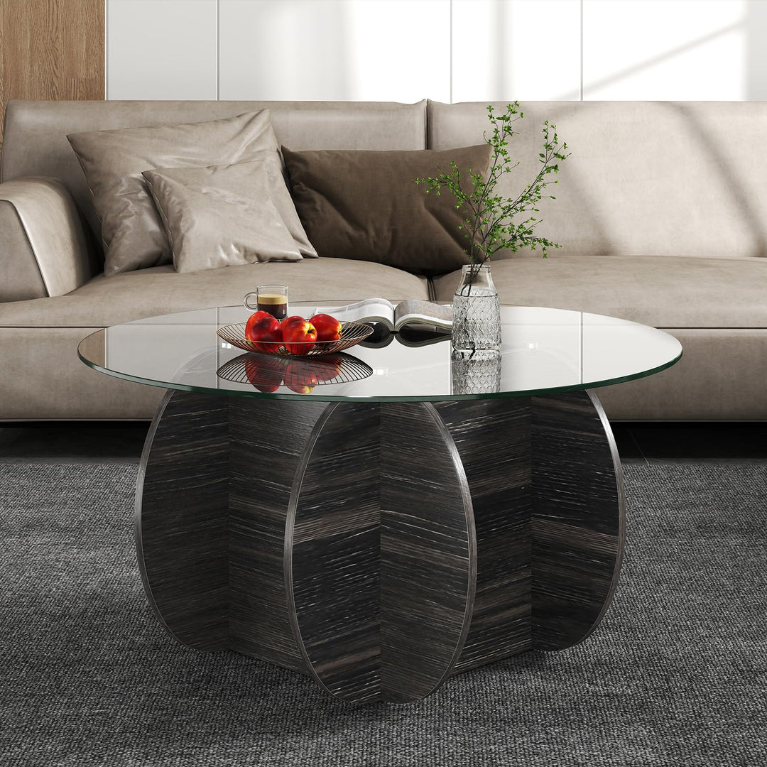 Giantex 35" Glass Round Coffee Table with Storage Tempered Glass Top & Solid Wood Base