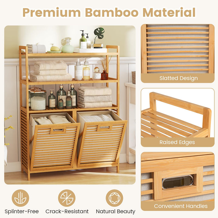 Giantex Double Tilt Out 14 Gal Bamboo Laundry Hamper with 3-Tier Storage Shelf
