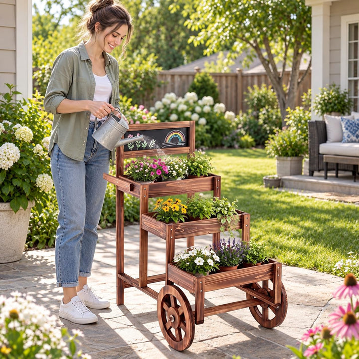 GIANTEX 3-Tier Wooden Plant Stand with Chalkboard &amp; Wheels