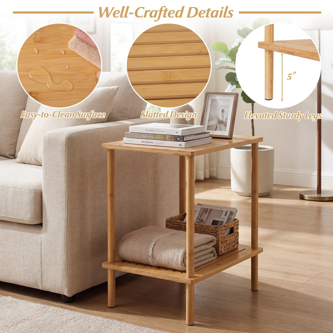 Giantex Bamboo Side Table Set of 2 w/Storage Shelves
