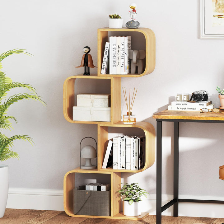 Giantex 4-Tier S-Shaped Bamboo Bookshelf with 4 Open Cubes