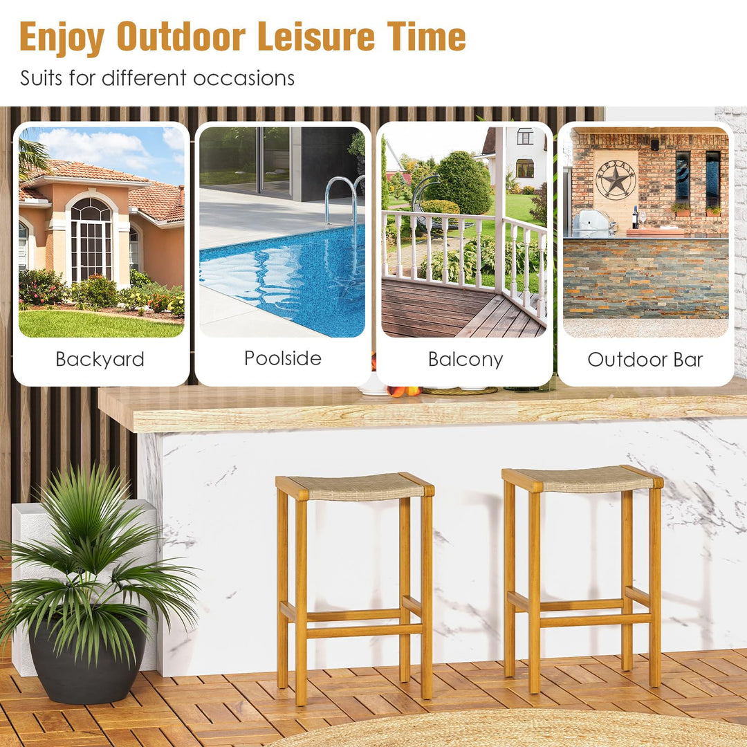 Giantex Patio Wood Bar Stools Set of 2, Acacia Wood Bar Stools w/Rattan Woven Seat