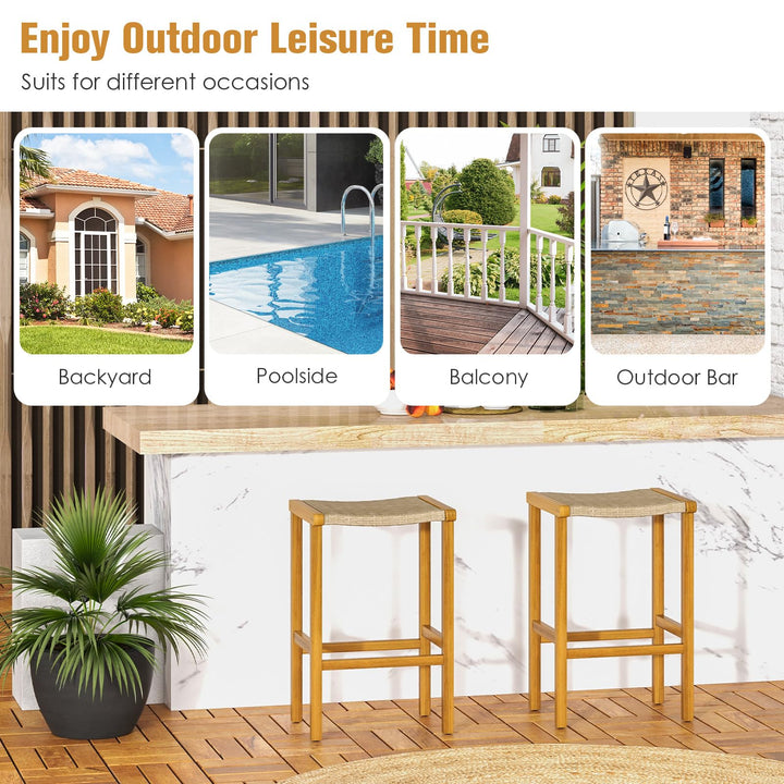 Giantex Patio Wood Bar Stools Set of 2, Acacia Wood Bar Stools w/Rattan Woven Seat