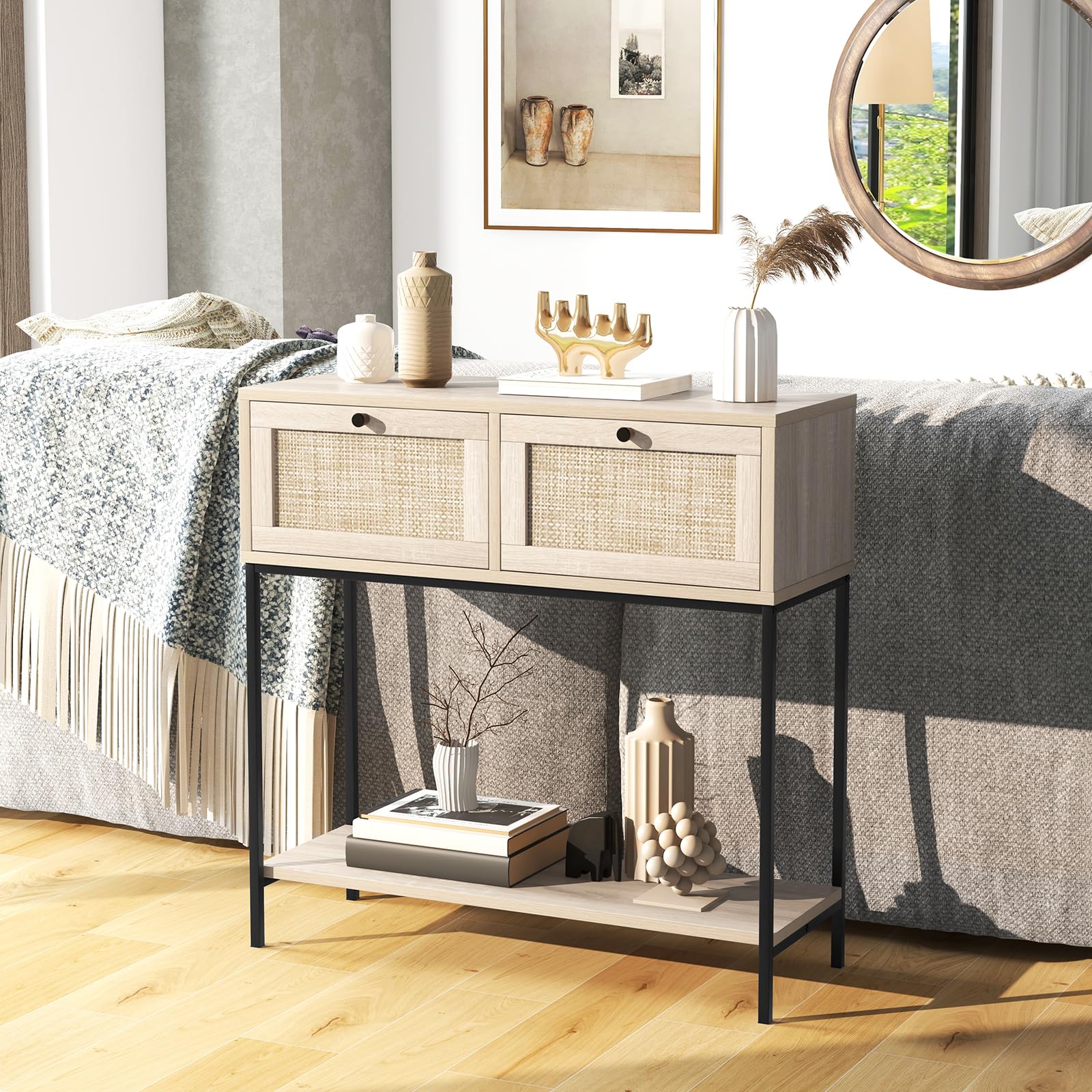 Giantex Console Table with Rattan Drawers - 31.5" Entryway Table w/ 2 Drawers & Open Storage Shelf