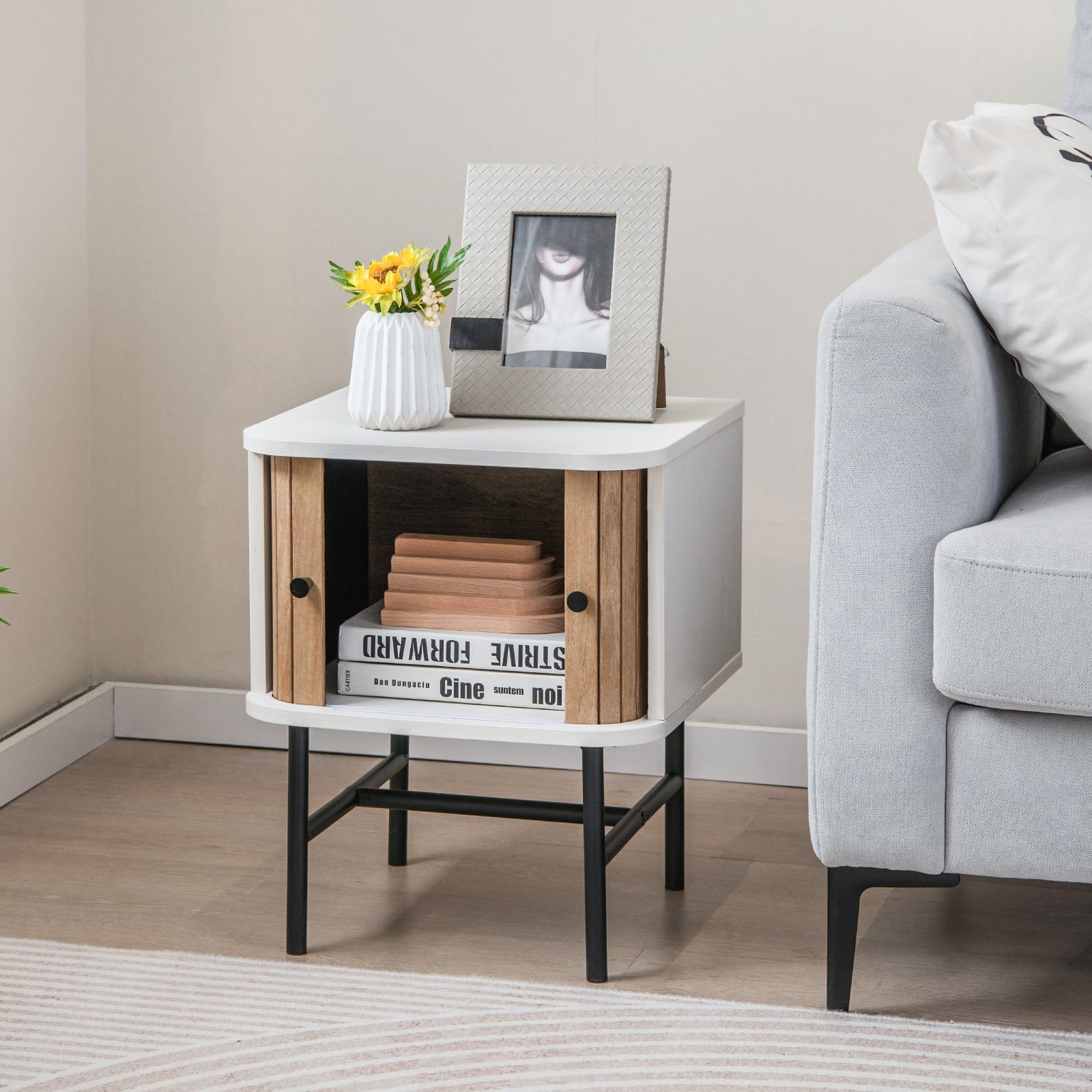 Giantex Mid-Century Modern Nightstand, Wood Bedside Table with Sliding Doors and 4 Metal Legs