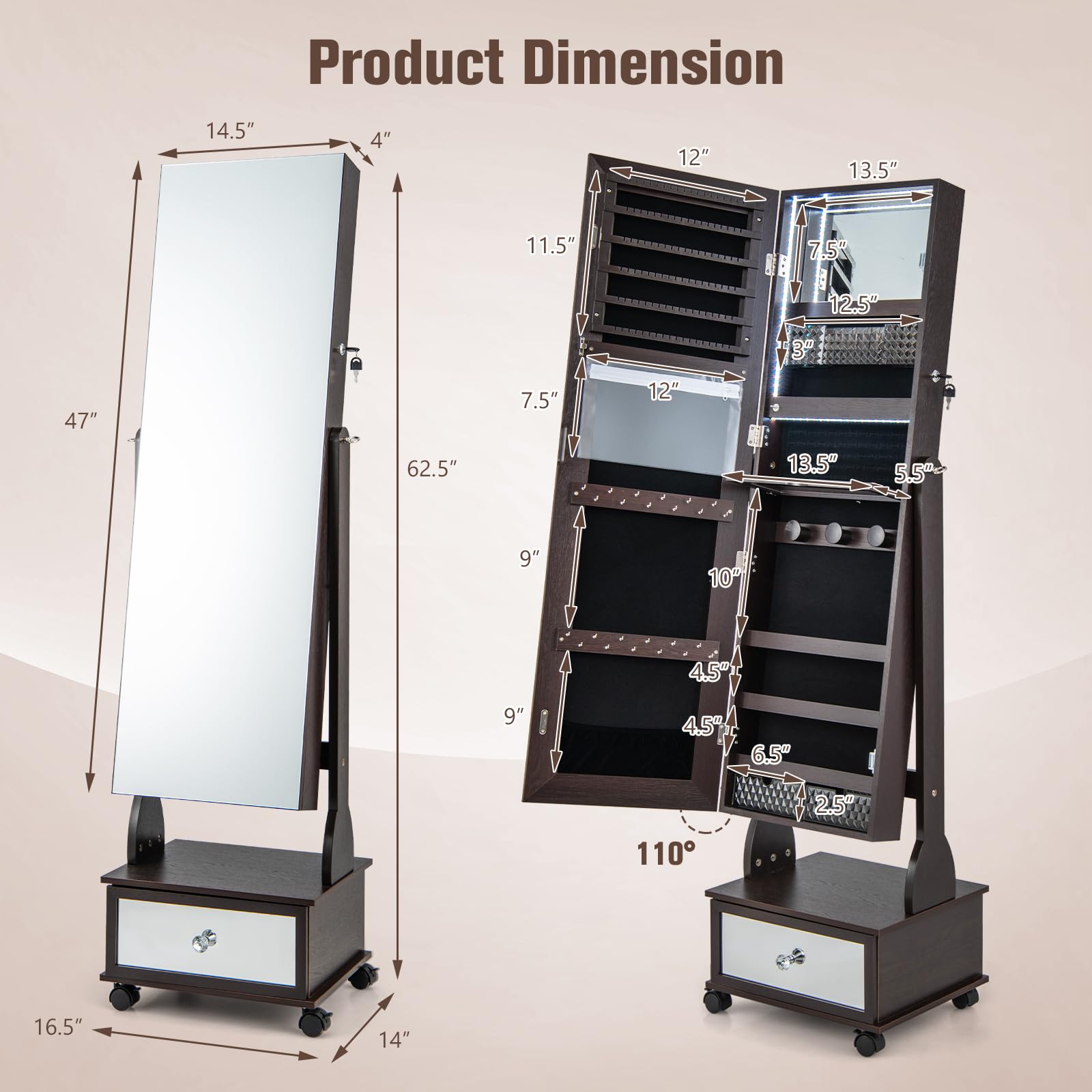 CHARMAID Jewelry Armoire with Full Length Mirror - Giantex