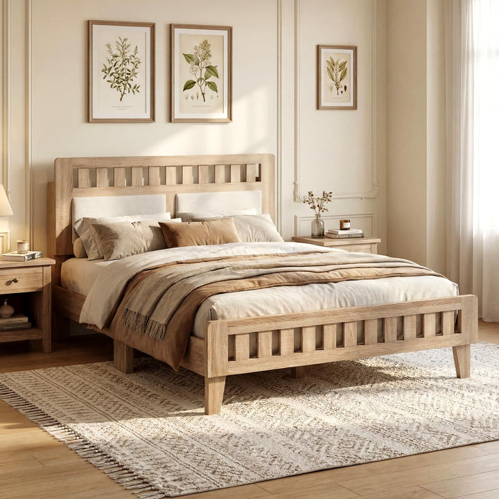 Giantex Mid-Century Wood Bed Frame with Upholstered Headboard (Full/Twin)