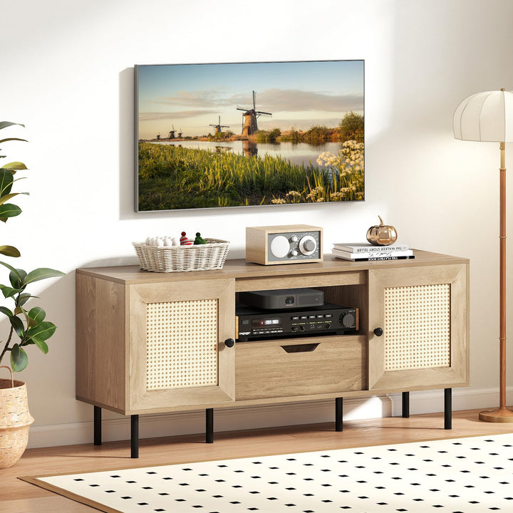 Giantex Boho TV Stand for 50-60 Inch TV with Storage Cabinets Drawer & PE Rattan Doors