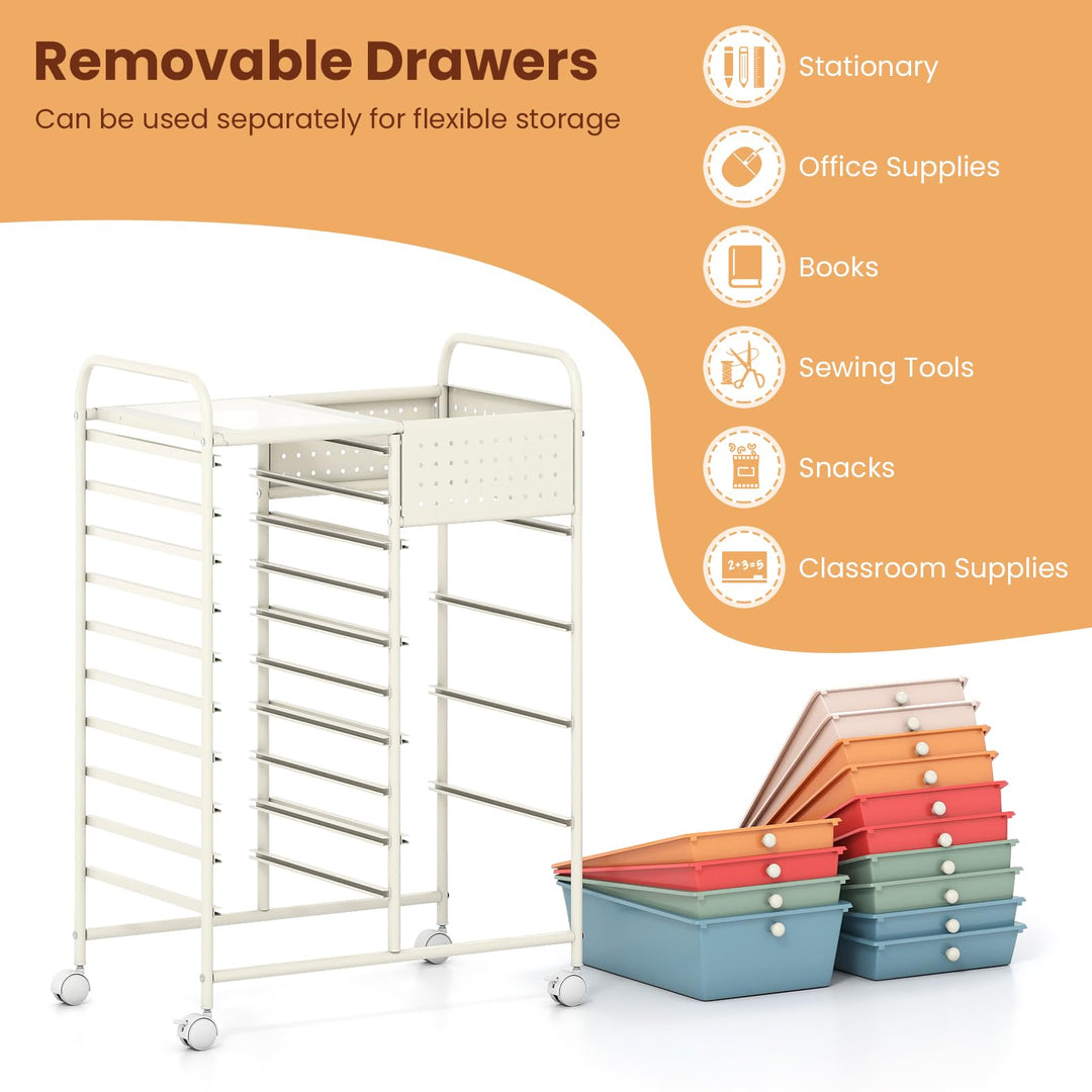 Giantex 14 Drawer Storage Cart | Rolling Craft Cart with Metal Tabletop &amp; Pegboard