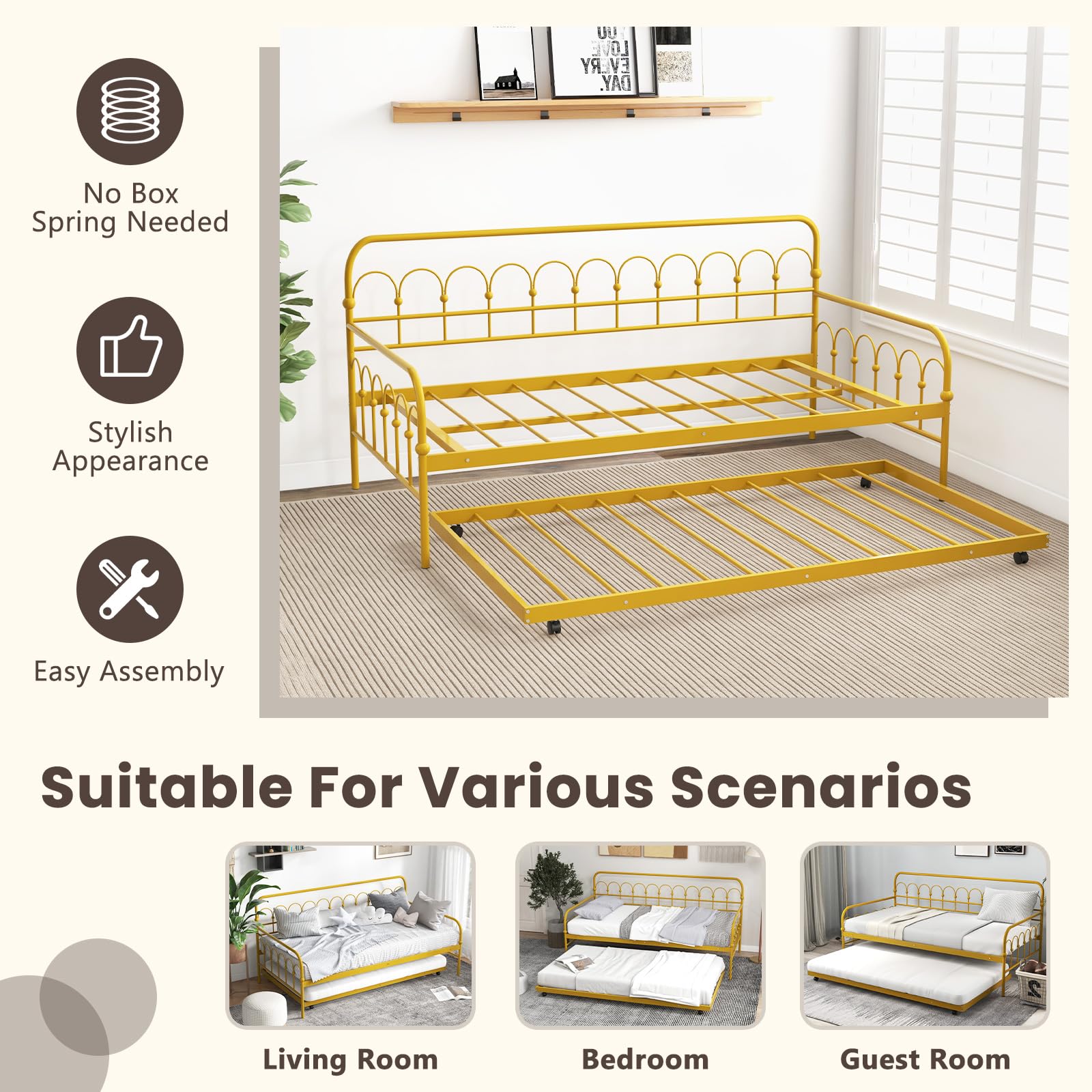 Giantex Twin Daybed with Trundle Gold, Metal Day Bed with Convenient Pull-Out Trundle Bed