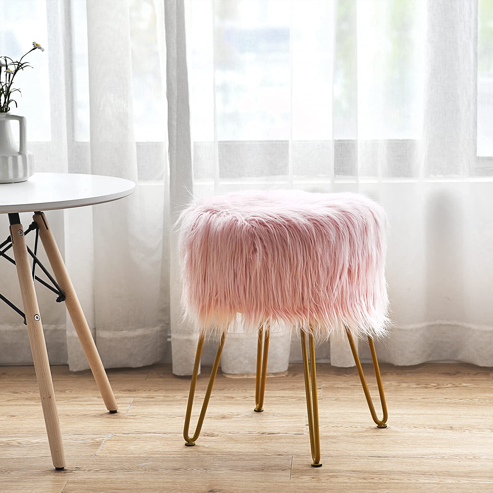 Ottoman Footrest, Faux Fur Vanity Stool Chair