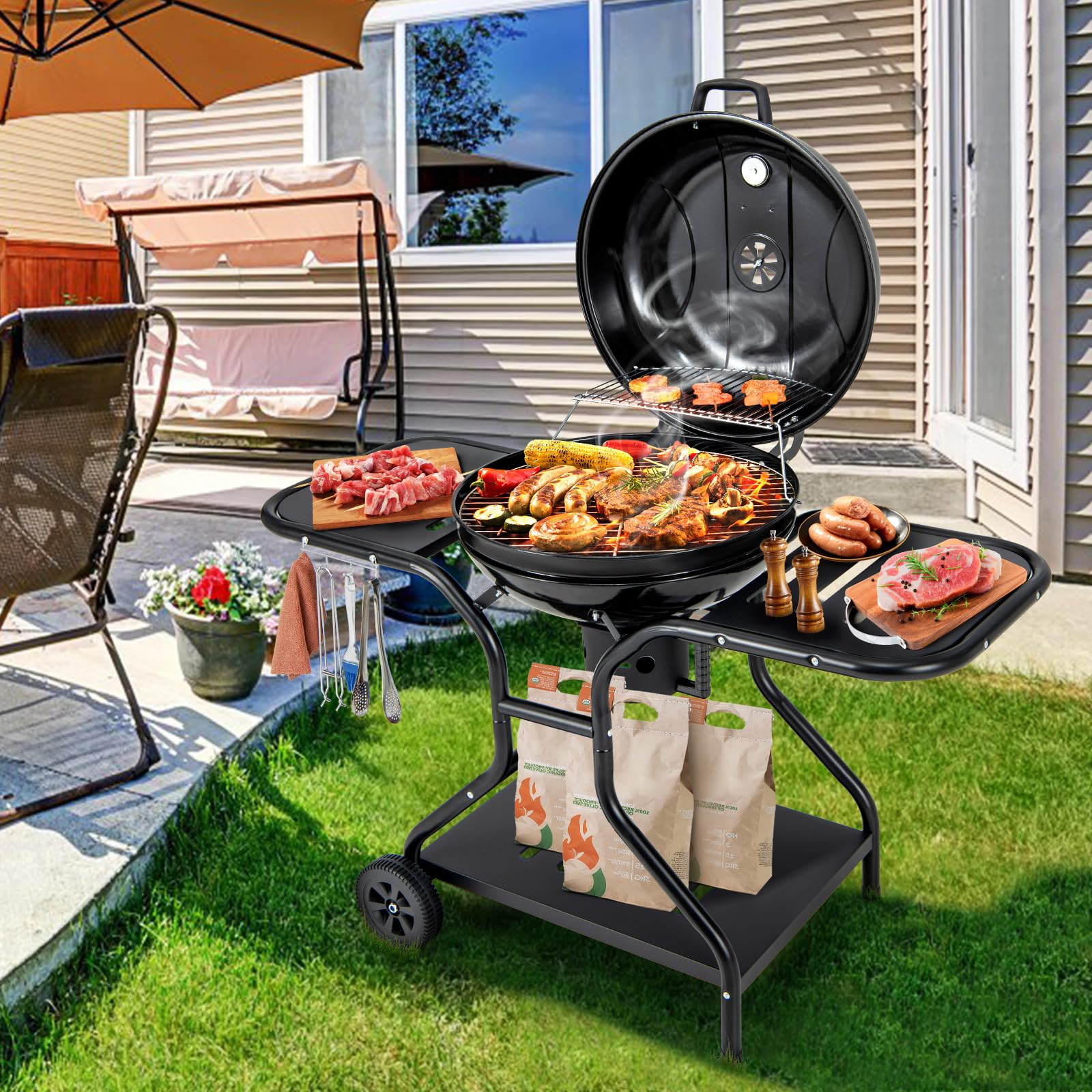 Giantex Kettle Charcoal Grill 22-Inch, Porcelain Enamel Body and Lid, 2 Side Tables with 4 Hooks, Storage Shelf