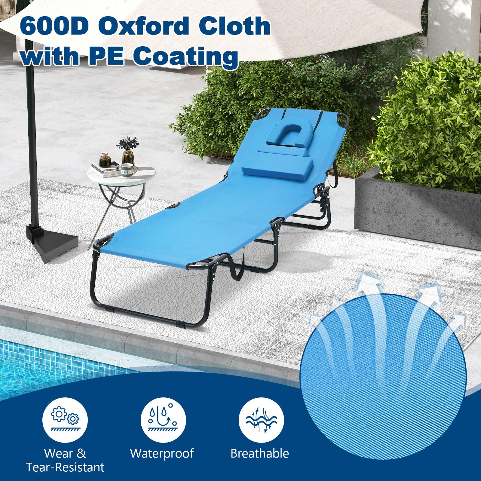 Giantex Folding Beach Tanning Chair - Adjustable Patio Lounge Chair w/Face Hole, Removable Pillows, Carry Strap