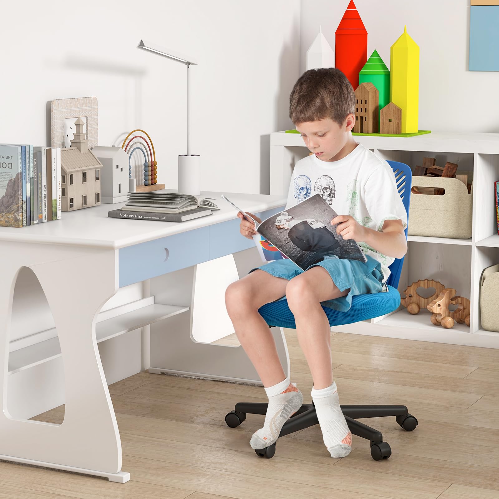 Giantex Kids Desk Chair, Armless Kids Computer Chair with Lumbar Support, Mesh Adjustable Swivel Study Chair with Wheels