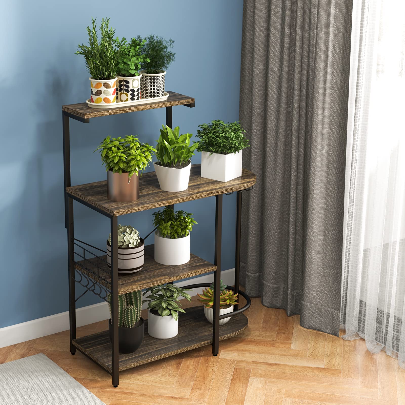 Giantex Kitchen Bakers Rack, 4-Tier Microwave Stand with 6 Hooks & Stemware Racks (Rustic Brown)