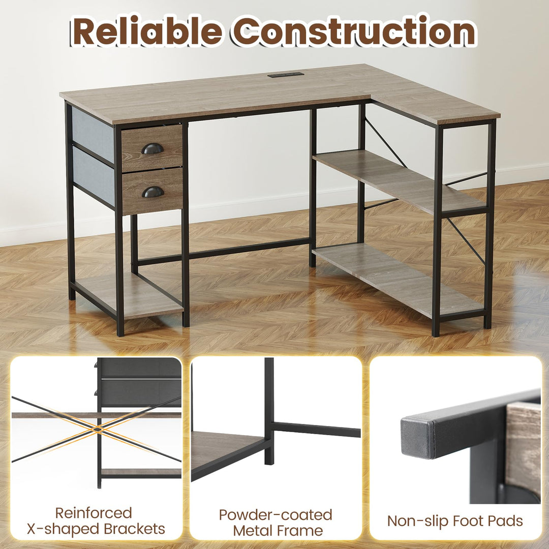Giantex 48" L Shaped Desk with Charging Station &amp; 2 Fabric Drawers