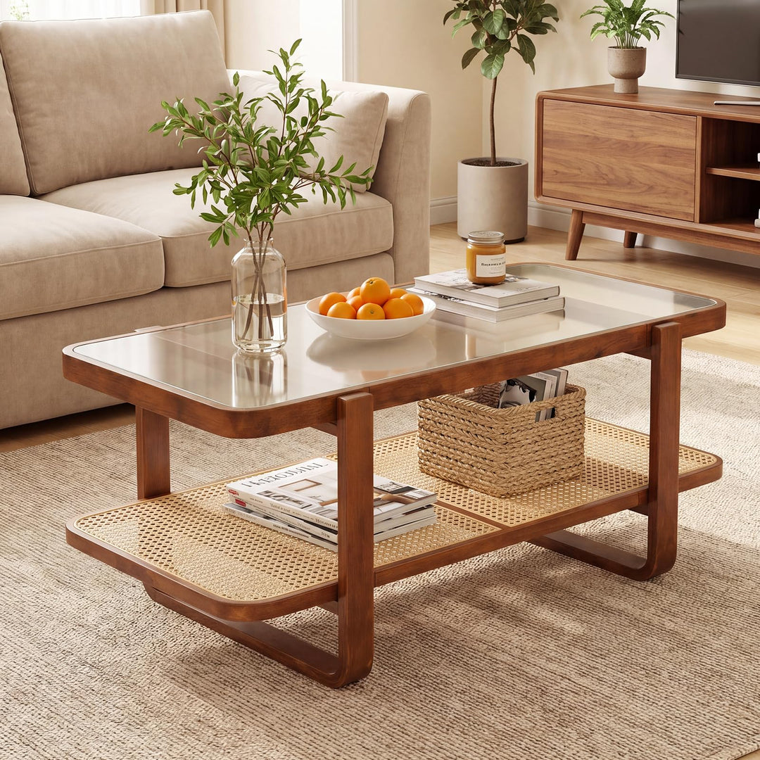 Giantex Rattan Coffee Table | 41.5" Farmhouse Center Table with Storage &amp; Frosted Tempered Glass