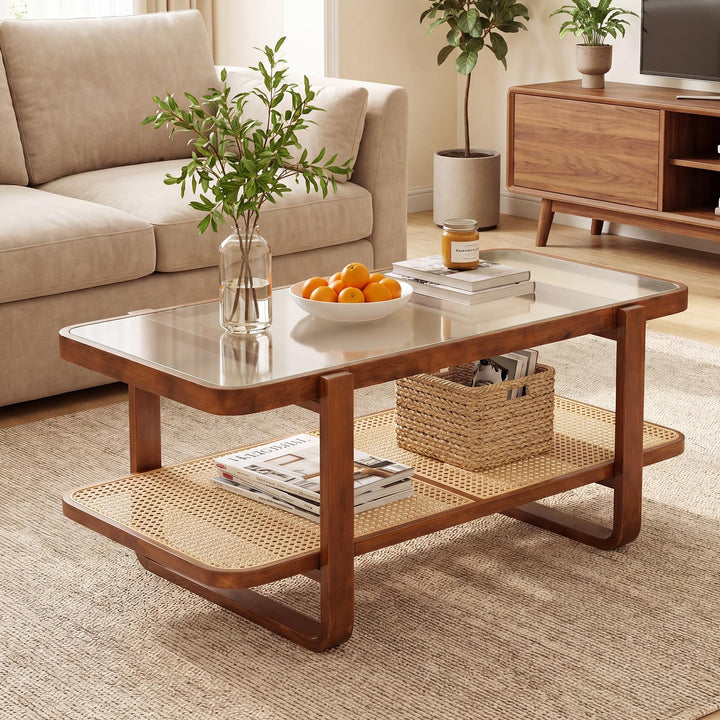 Giantex Rattan Coffee Table | 41.5" Farmhouse Center Table with Storage &amp; Frosted Tempered Glass