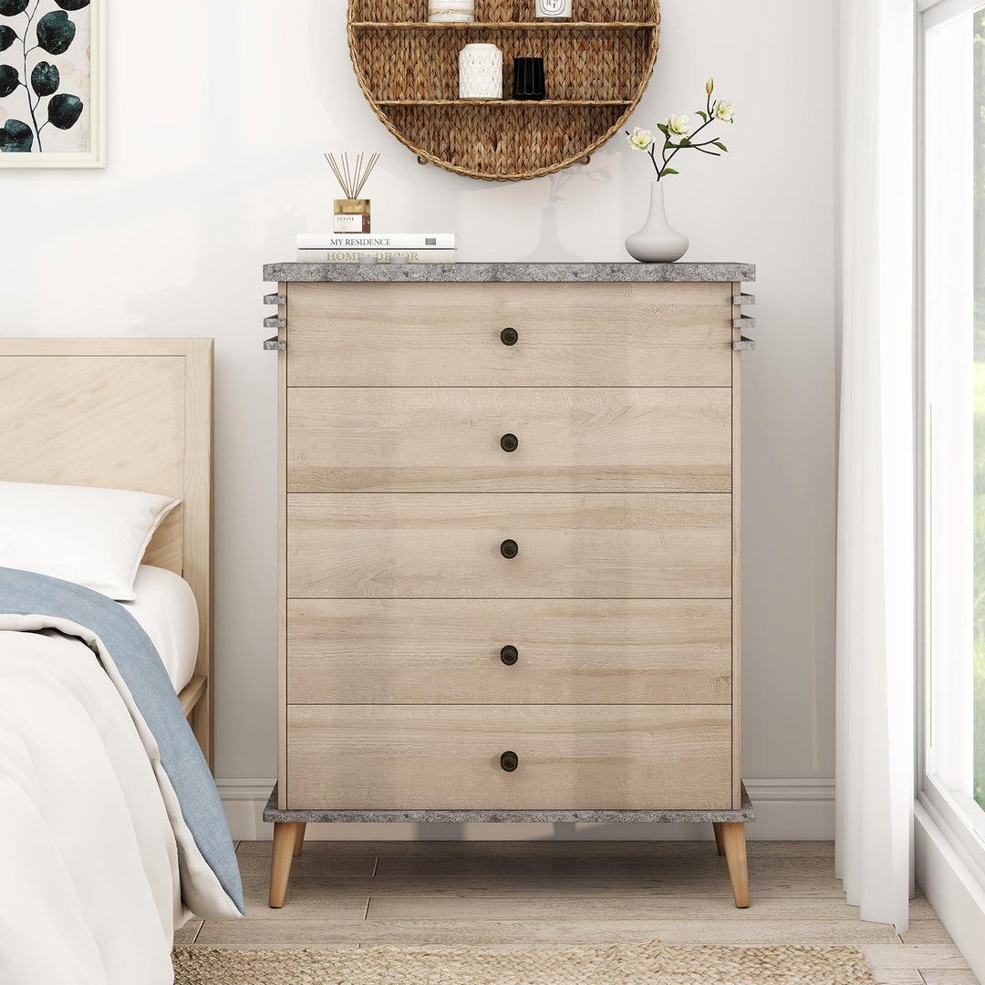 Giantex 5-Drawer Storage Cabinet with Rubber Wood Legs