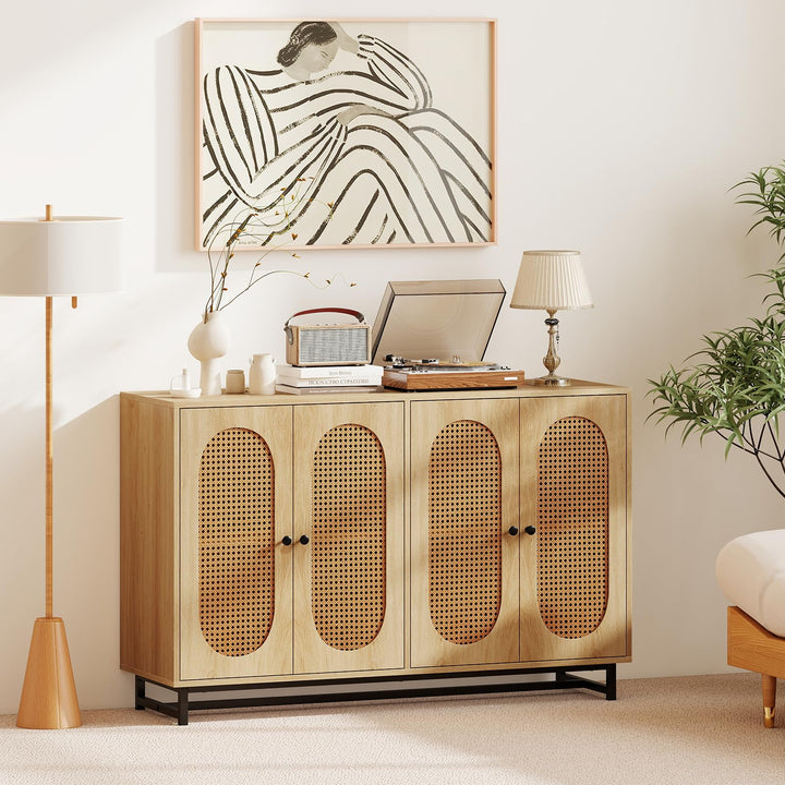 Giantex 50" PE Rattan Sideboard Buffet Cabinet with 4 Doors and Adjustable Shelves