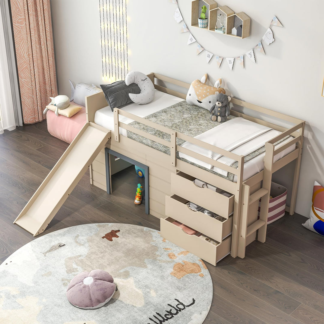 Giantex Low Loft Bed Twin Size | Solid Wood Kids Bed with Slide &amp; 3 Storage Drawers