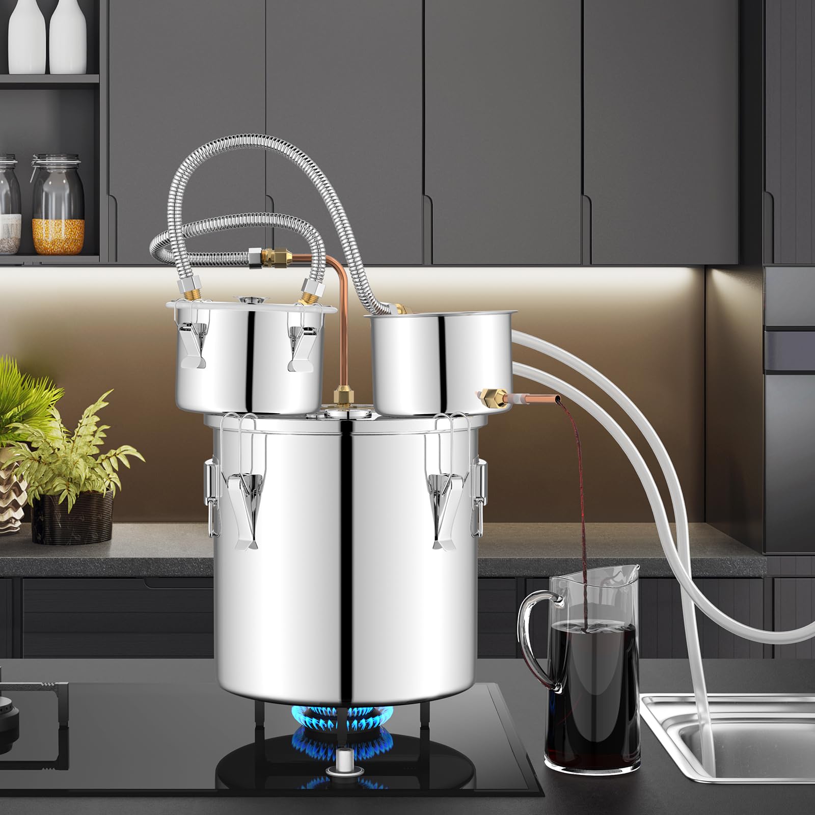 Giantex 5 or 10 Gal Alcohol Still, 3 Pots Stainless Steel Water, Alcohol, Oil Distiller Kit with Built-in Thermometer