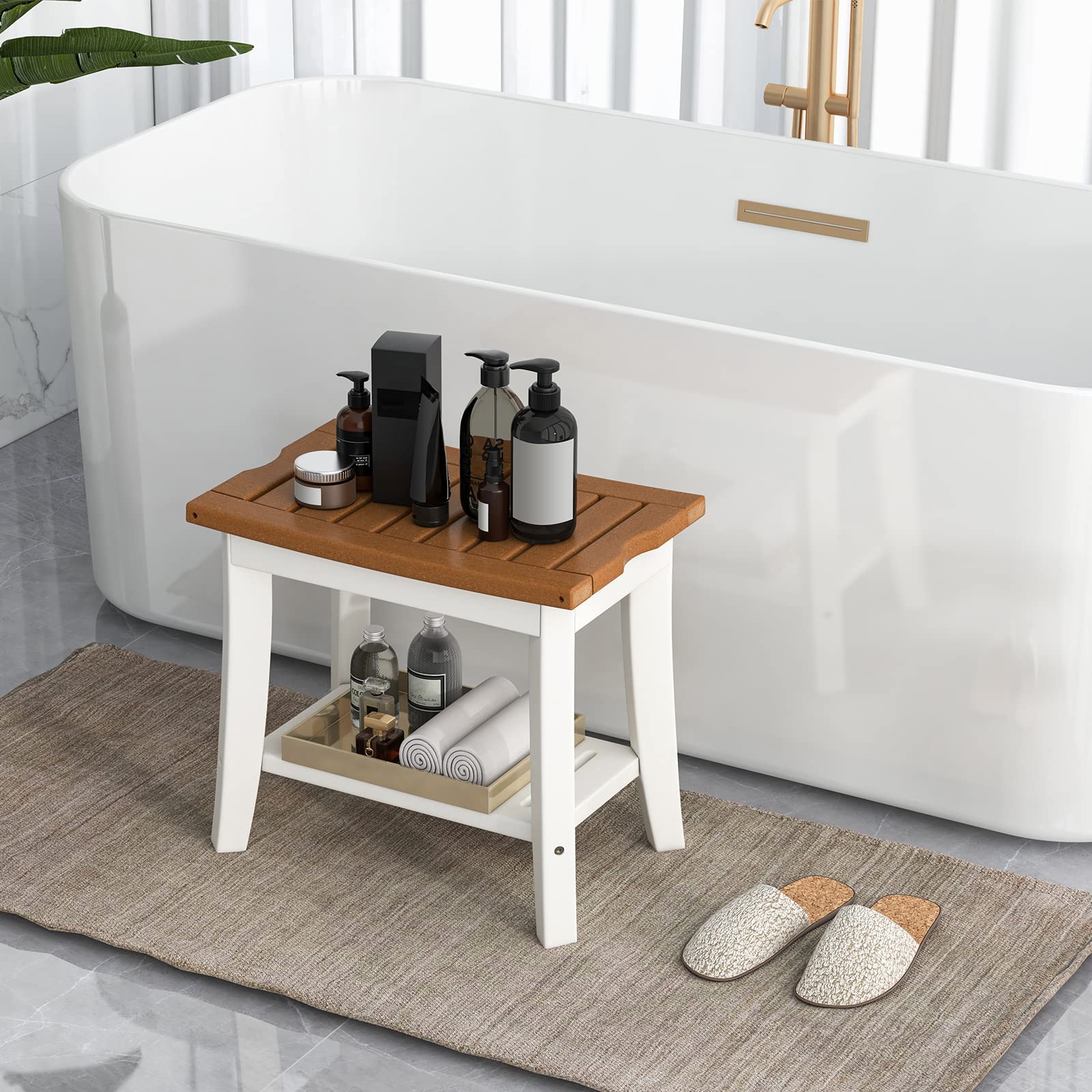 Giantex Shower Bench HDPE Waterproof - Bath Spa Seat with Storage Shelf, Non-Slip Rubber Foot Pads