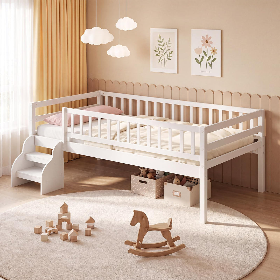GIANTEX Low Profile Twin Size Bed Frame with Stairs &amp; Safety Guardrails