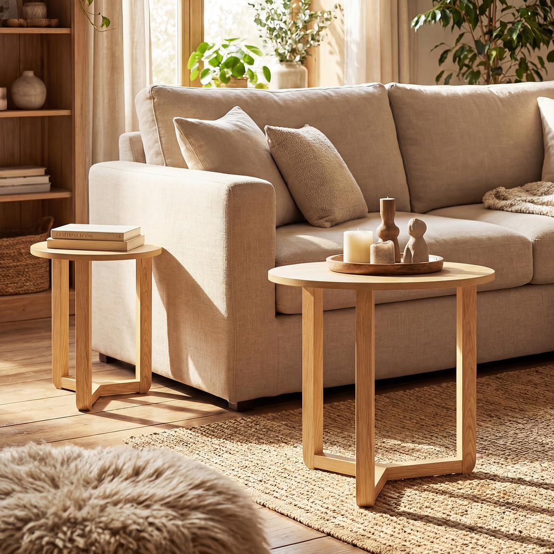 Giantex Farmhouse Round Nesting Coffee Table Set of 2 Wood Nesting End Tables