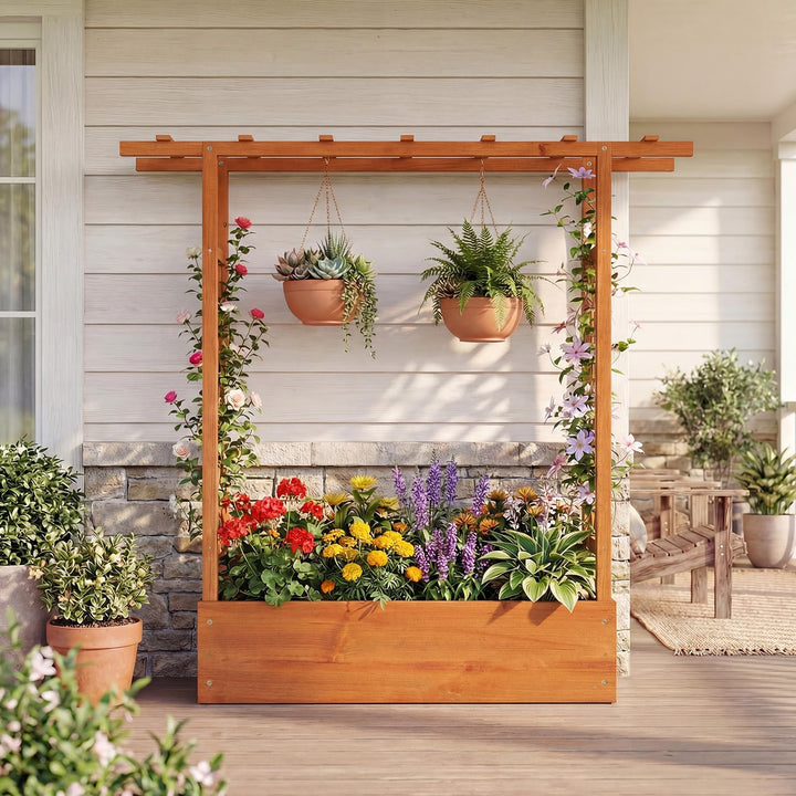 Giantex Wooden Raised Garden Bed with Trellis & Hanging Roof