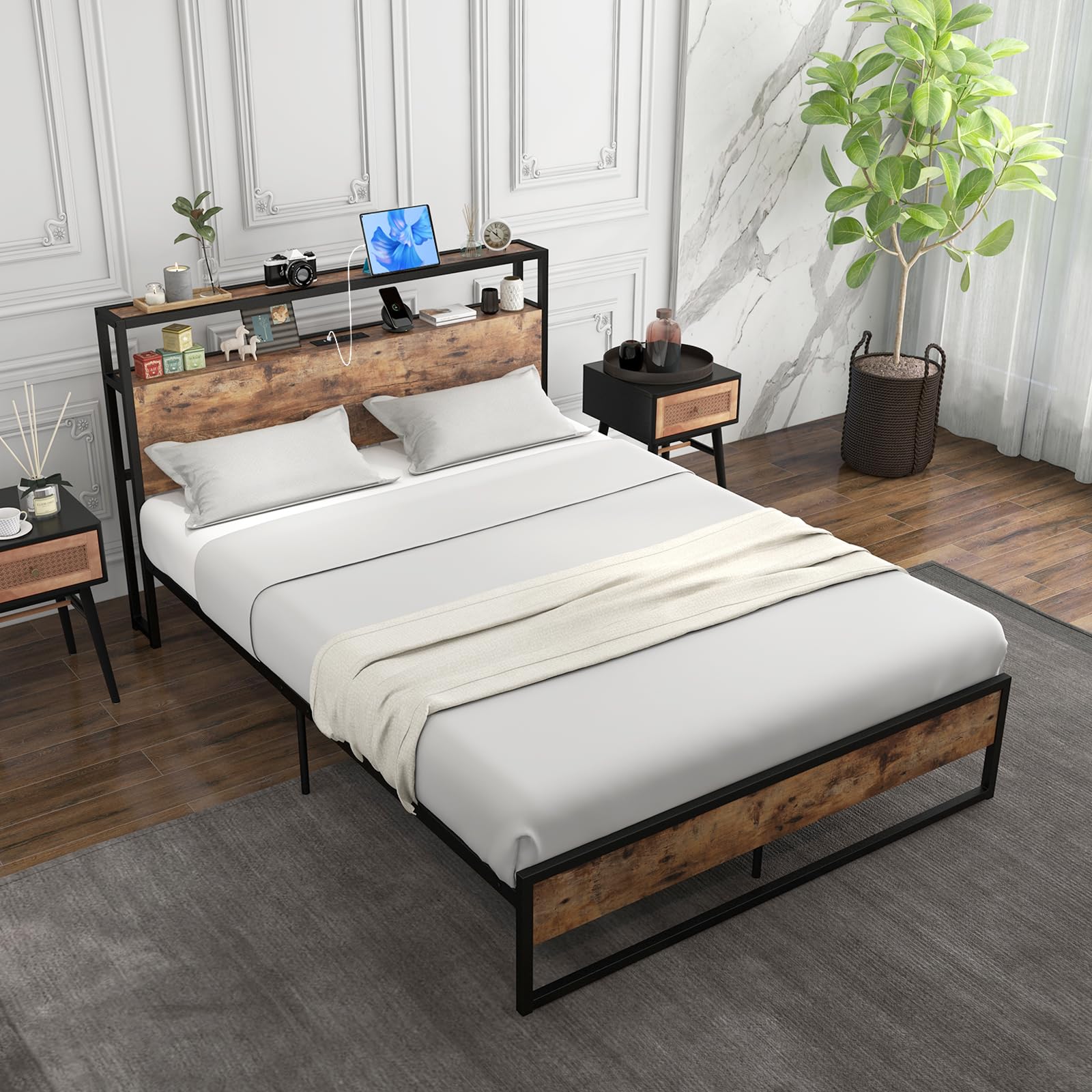 Giantex Full Bed Frame with Storage Headboard and Charging Station, with Outlets and USB Ports