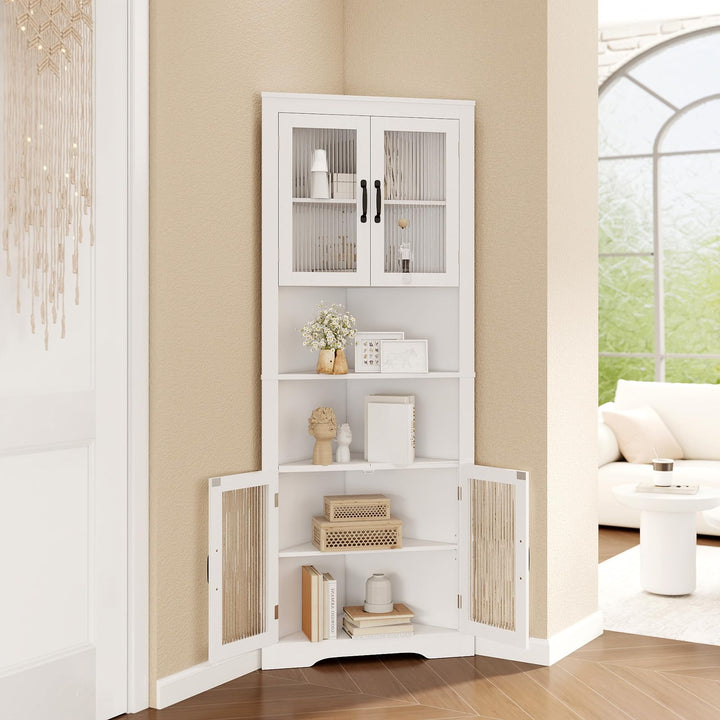 Giantex 67" Tall Corner Cabinet Space-Saving Triangular Storage Cabinet w/ 4 Tempered Glass Doors