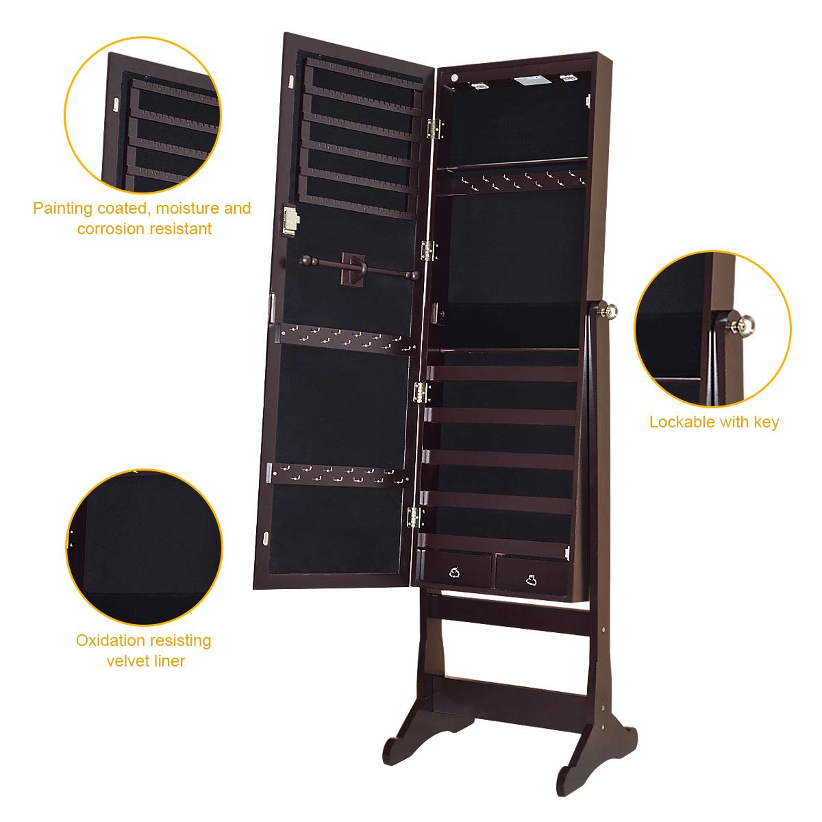 Giantex 57.5"H 2 LEDs Standing Jewelry Cabinet with Full Length Mirror with 2 Drawers, 4 Adjustable Angles, Jewelry Storage Organizer