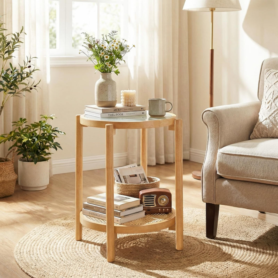 Giantex 2-Tier Boho Rattan Round Side Table w/Tempered Glass Top (1/2)
