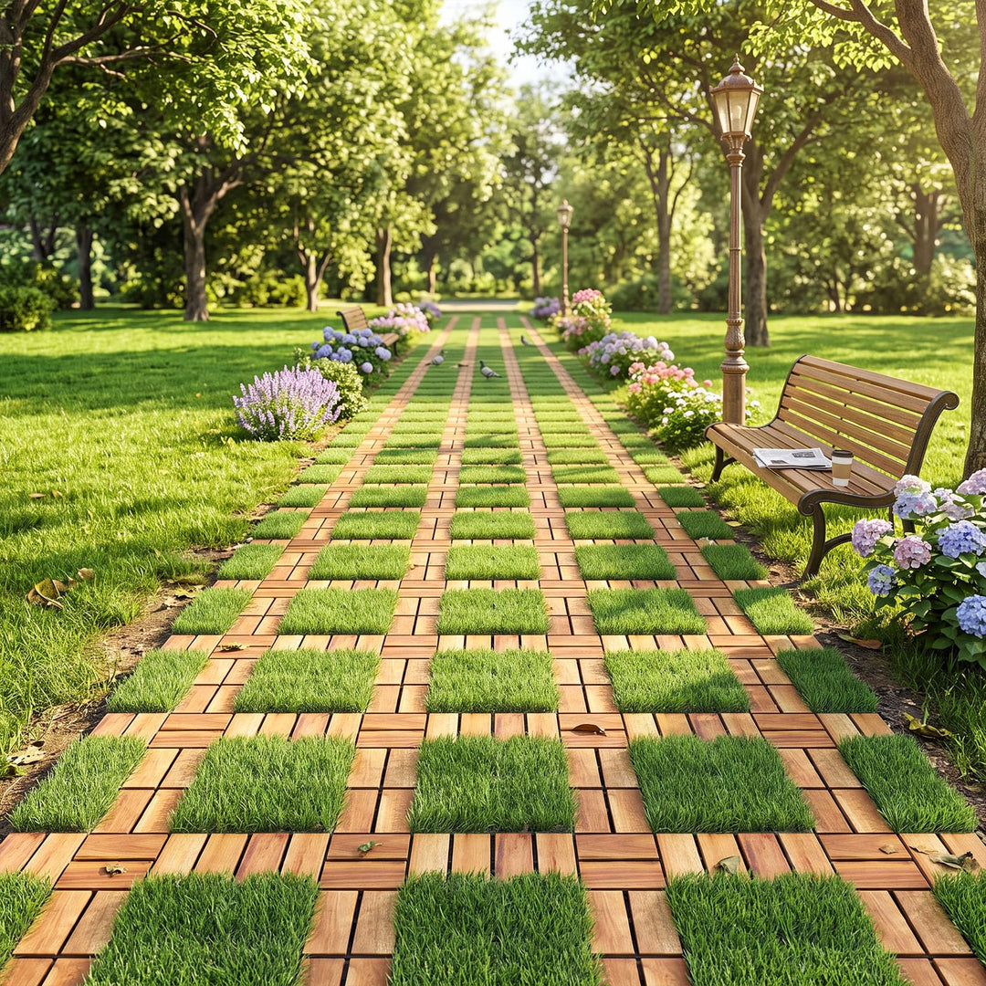 GIANTEX 30 PCS Interlocking Acacia Wood &amp; Artificial Grass Deck Tiles with Drainage Base