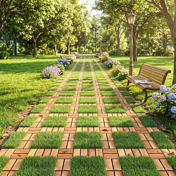 GIANTEX 30 PCS Interlocking Acacia Wood &amp; Artificial Grass Deck Tiles with Drainage Base