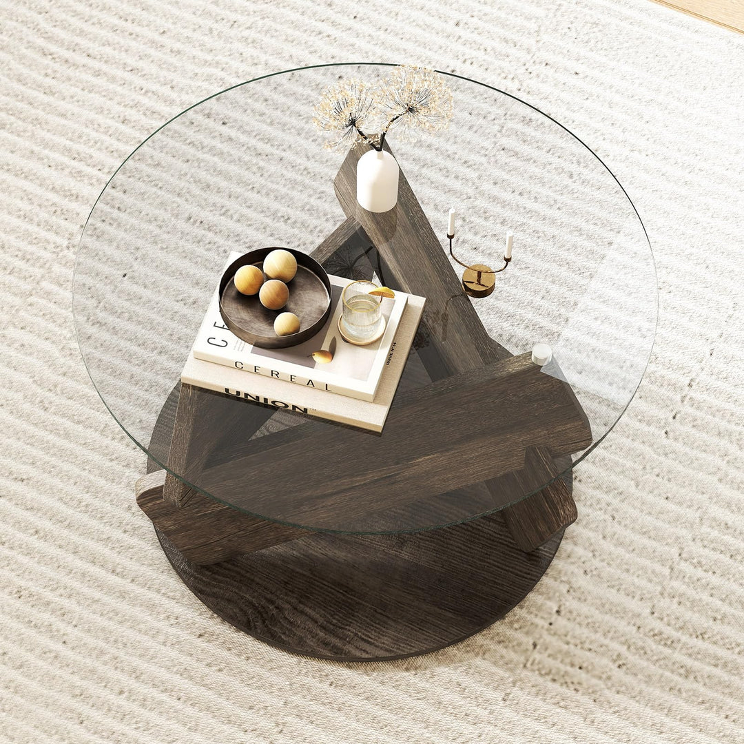 Giantex 32inch Glass Round Coffee Table with Clear Tempered Glass Top Solid Wood Legs