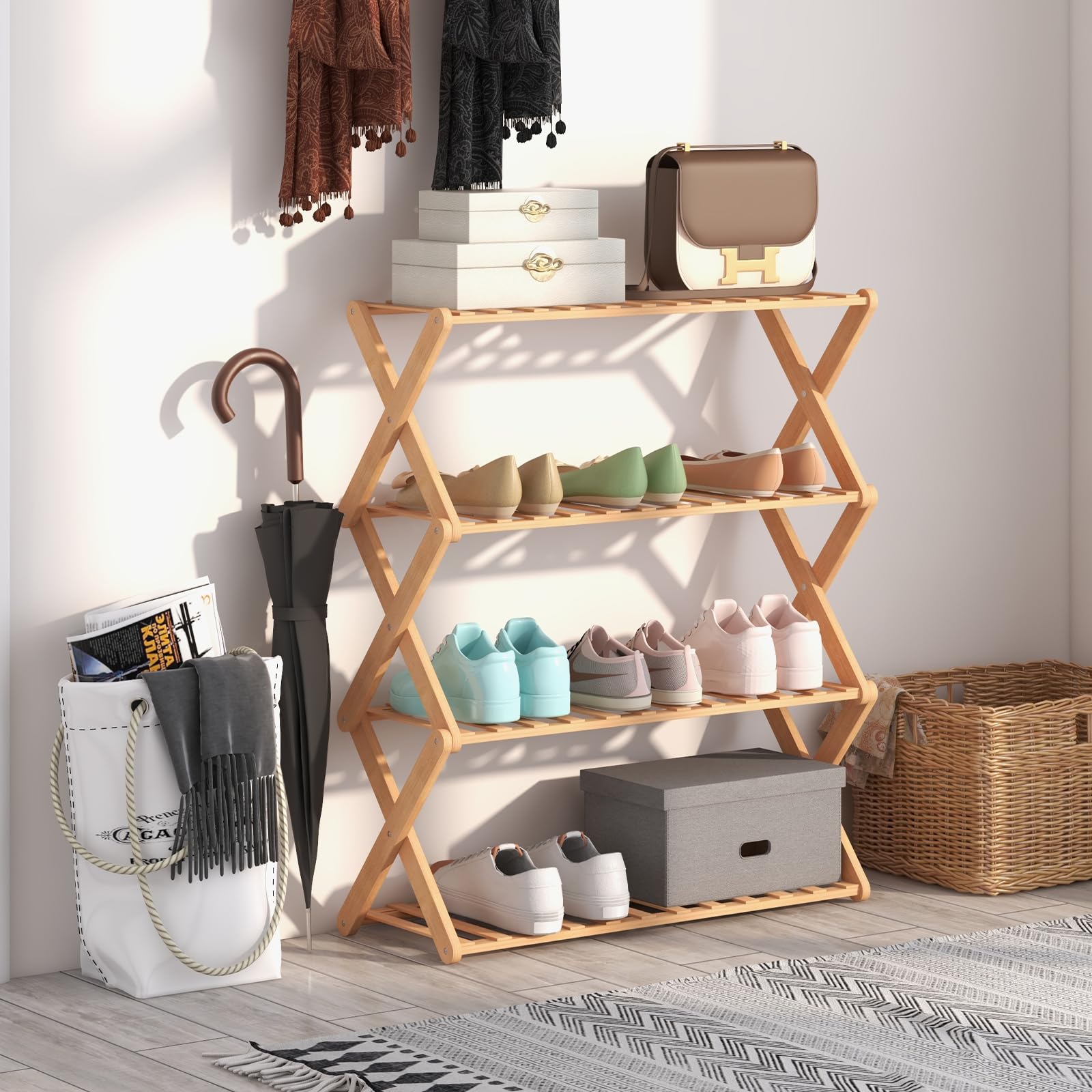 Giantex Bamboo Plant Stand Indoor, 4-Tier Folding Planter Shelf, Foldable Display Rack w/ Slatted Shelves, No Assembly