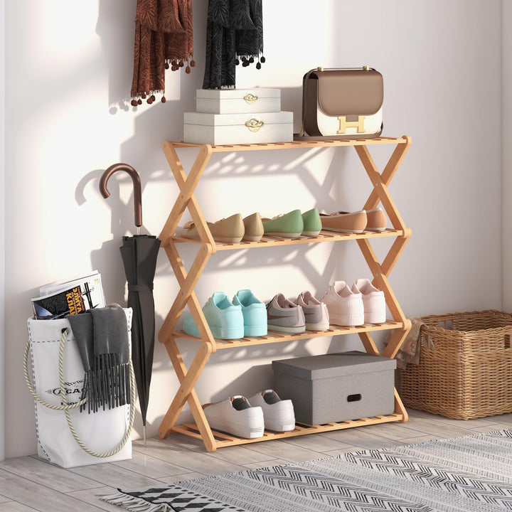 Giantex Bamboo Plant Stand Indoor, 4-Tier Folding Planter Shelf, Foldable Display Rack w/ Slatted Shelves, No Assembly