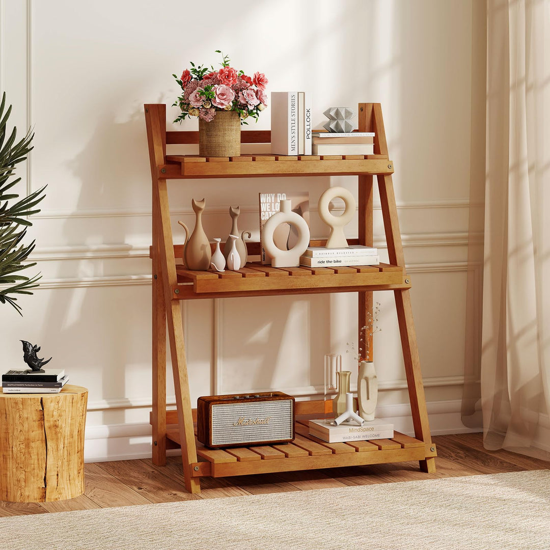 Giantex Foldable Ladder Plant Shelf 3-Tier Solid Wood Indoor Outdoor Flower Pot Display Rack