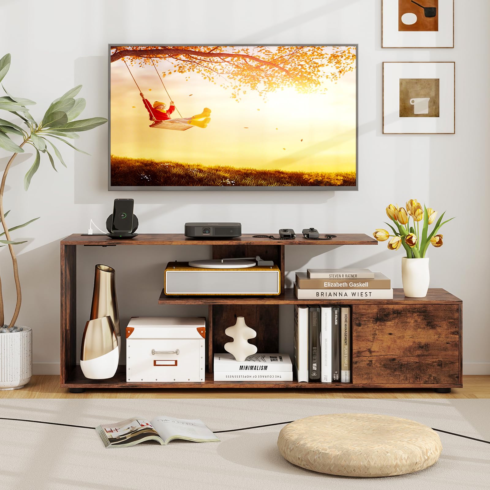 Giantex TV Stand with Power Outlet for TVs up to 55 Inch, Entertainment Center with Storage Cabinet & Open Shelves