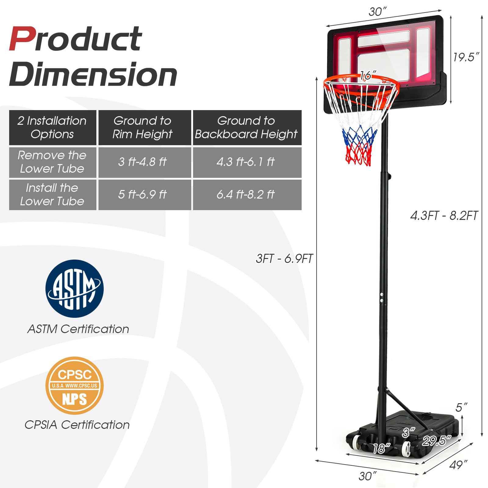 Giantex Portable Basketball Hoop, 4.3 FT-8.2 FT Stepless Height Adjustable Basketball Goal System for Kids Teenagers Youth