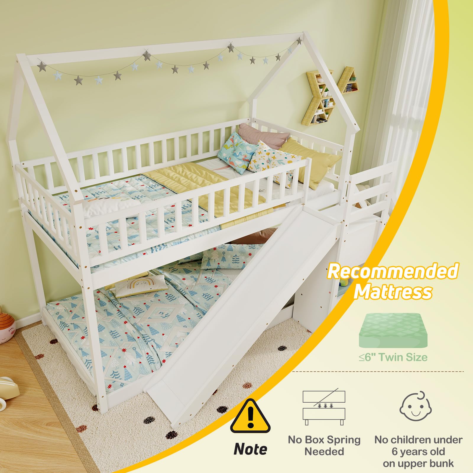 Giantex House Bunk Bed Twin Over Twin with Slide & Stairs, No Box Spring Needed, Twin Floor Bunk Bed for Kids Teens Boys Girls, White