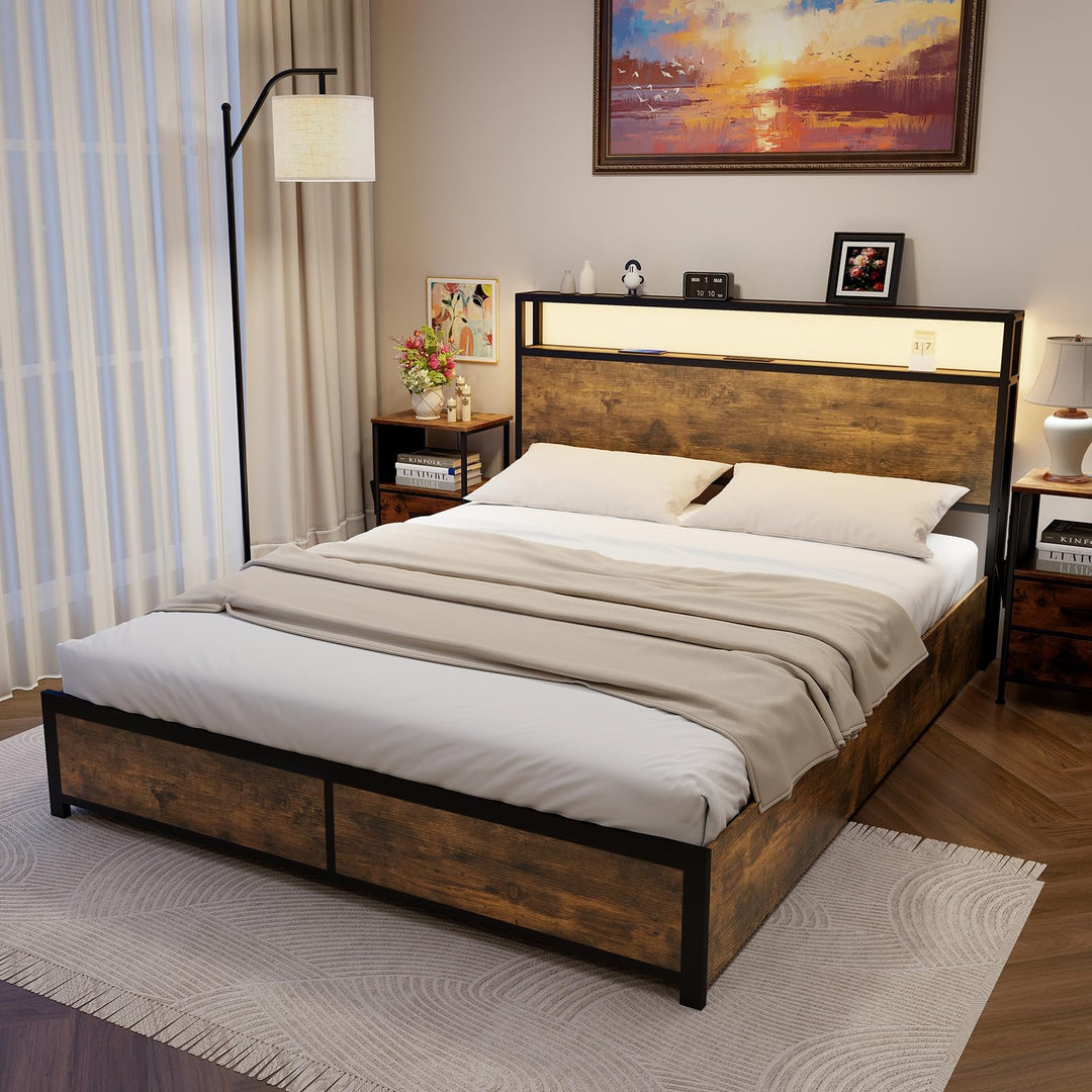 Giantex Queen/Full Bed Frame with LED Lights Headboard and 4 Storage Drawers