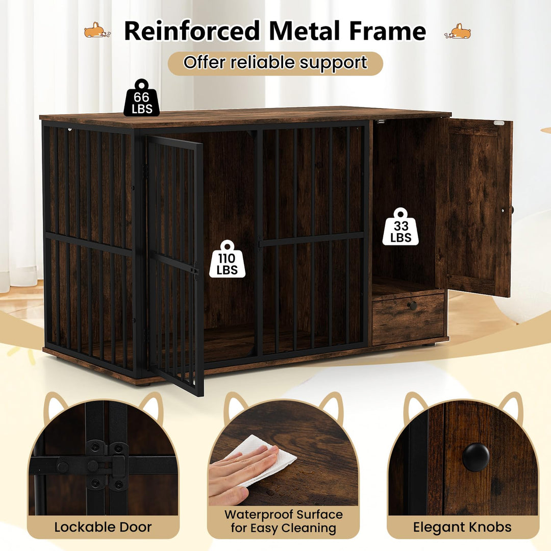 Giantex 47.5" Dog Crate Furniture with Hidden Feeding Drawer & Side Storage Cabinet