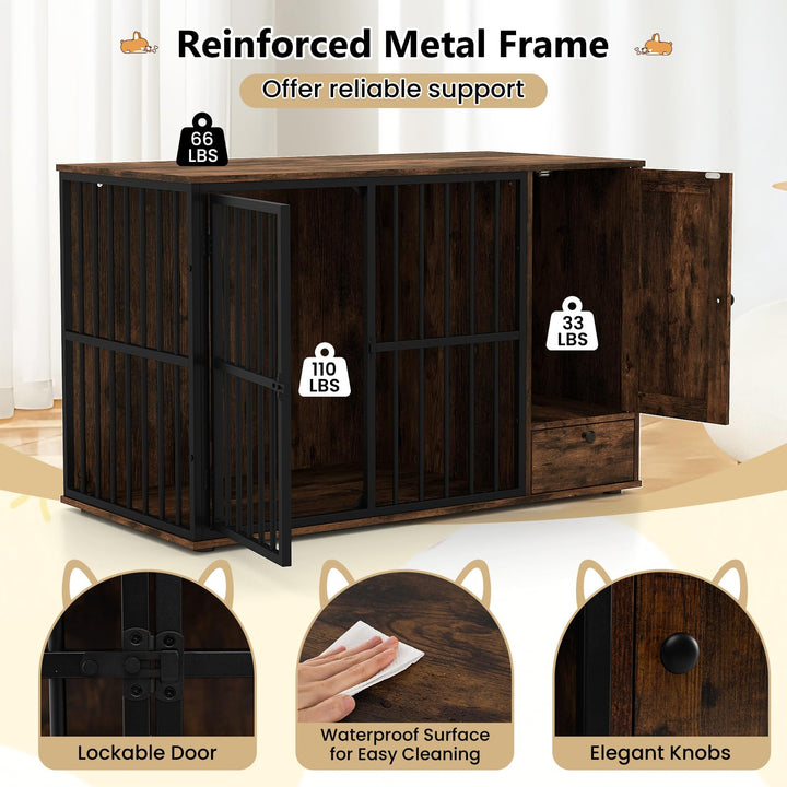 Giantex 47.5" Dog Crate Furniture with Hidden Feeding Drawer & Side Storage Cabinet