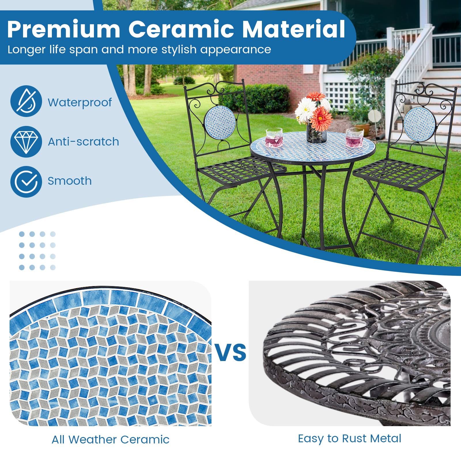 Giantex 3 Pieces Patio Bistro Set - Mosaic Round Table