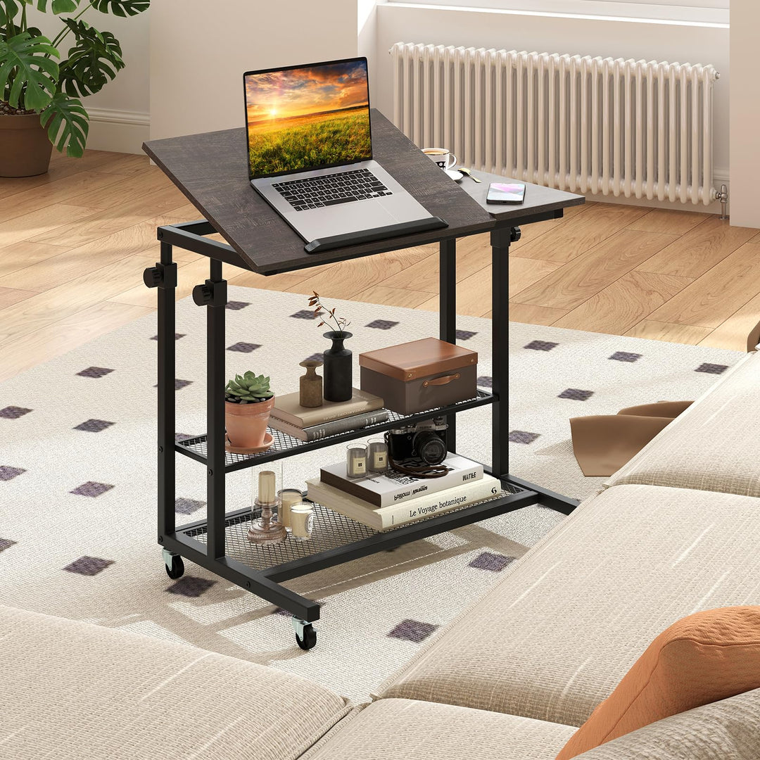 Giantex Adjustable Rolling Computer Desk with Tilting Desktop and Storage Shelves
