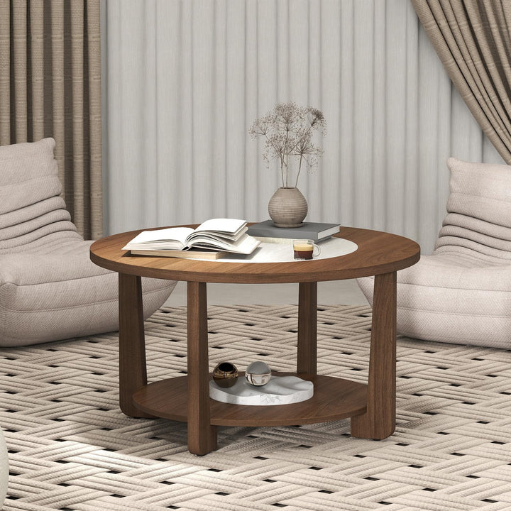 Giantex 2-Tier Round Farmhouse Living Room Coffee Table with 2-Tone Tabletop