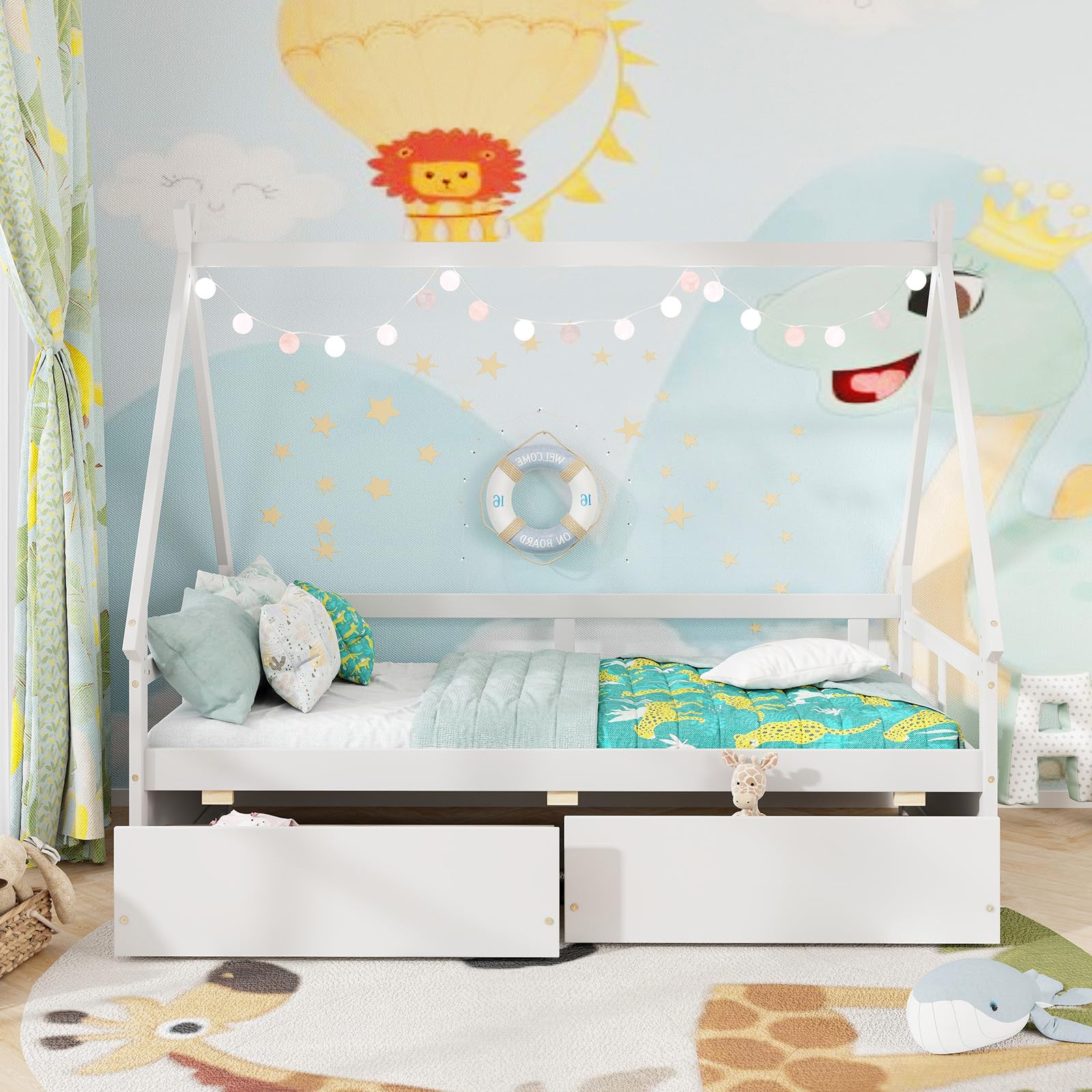 Giantex Twin Bed with 2 Storage Drawers, Wood Montessori House Tent Bed Frame with Safety Guardrail